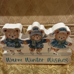 NWT Winter Bear Holiday Decor with Blue Accents 6” x 9”
